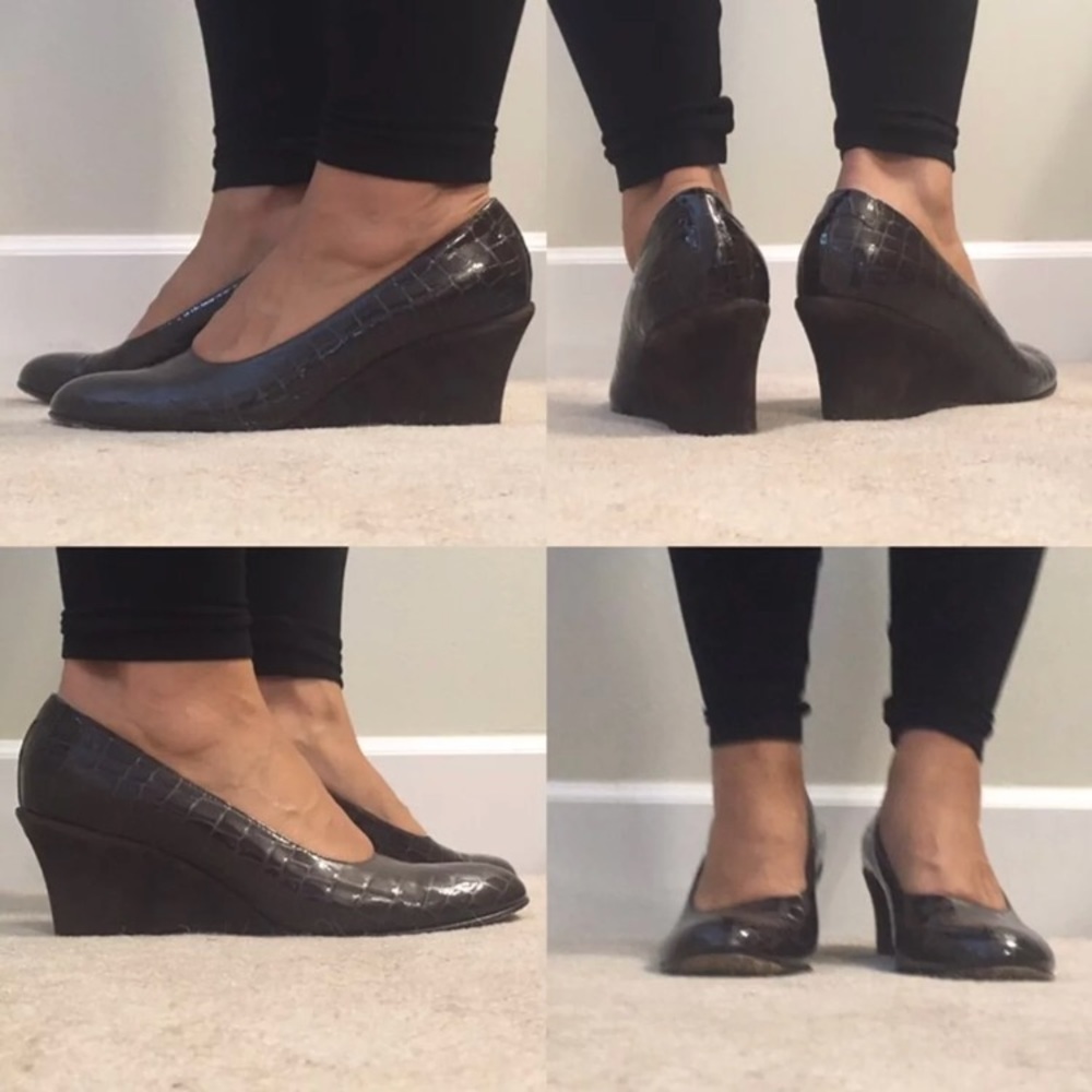🕶️Taryn Rose brown leather croc embossed suede heel wedge pumps 11 - Picture 9 of 9